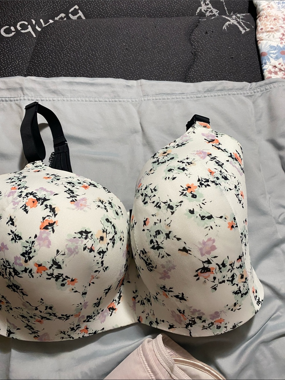 Cacique White Floral Underwire Bra with Black Straps and Coral Accents